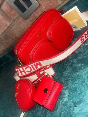 Michael Kors Red Pebbled Leather Crossbody Set with Branded Strap